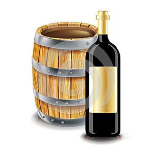 Wooden barrel and bottle of wine