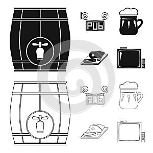 A wooden barrel with a faucet, a pub sign, a mug of beer, pieces of meat on a board.Pub set collection icons in black