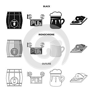 A wooden barrel with a faucet, a pub sign, a mug of beer, pieces of meat on a board.Pub set collection icons in black