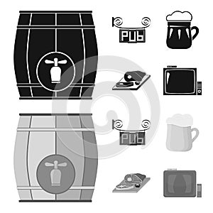 A wooden barrel with a faucet, a pub sign, a mug of beer, pieces of meat on a board.Pub set collection icons in black