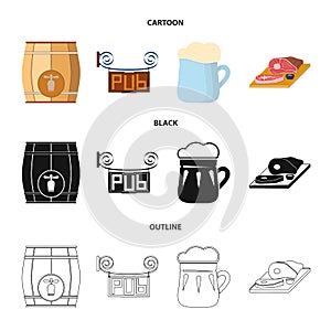 A wooden barrel with a faucet, a pub sign, a mug of beer, pieces of meat on a board.Pub set collection icons in cartoon