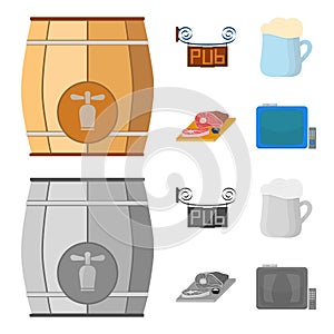 A wooden barrel with a faucet, a pub sign, a mug of beer, pieces of meat on a board.Pub set collection icons in cartoon