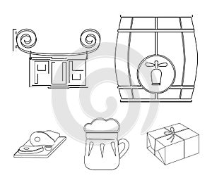 A wooden barrel with a faucet, a pub sign, a mug of beer, pieces of meat on a board.Pub set collection icons in outline