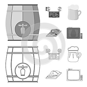 A wooden barrel with a faucet, a pub sign, a mug of beer, pieces of meat on a board.Pub set collection icons in outline