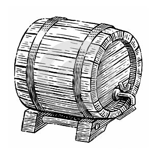 Wooden barrel with faucet sketch. Hand drawn vintage illustration