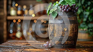 Wooden Barrel Filled With Grapes on Table