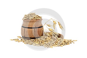 Wooden barrel filled with oats with husks on white background