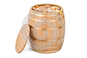 Wooden barrel full of gold coins, 3D rendering