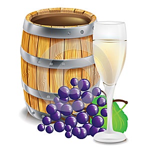 Wooden barrel; with glass and grapes