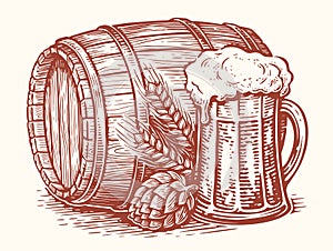 Wooden barrel and glass mug of beer with hops and ears of wheat. Brewery, pub sketch vintage vector illustration