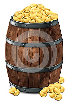 Wooden barrel with gold coins on a white background. 3d vector. Highly detailed realistic illustration