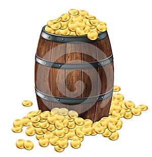 Wooden barrel with gold coins on a white background. 3d vector. Highly detailed realistic illustration