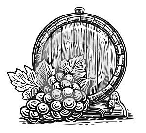 Wooden barrel and grapes with leaves. Old oak cask of alcoholic drink. Sketch illustration engraving style