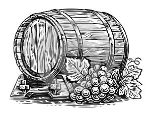 Wooden barrel and grapes. Oak cask sketch. Hand drawn vintage illustration