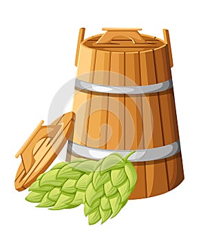 Wooden barrel with handles and lid for hebs and hops illustration isolated on white background website page and mobile app