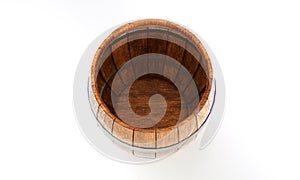 Wooden barrel with iron hoops isolated on white background. 3d rendering. Old barrel with rust on the hoops. Front view