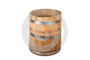 Wooden barrel with iron rings. Isolated on white background