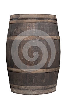 Wooden barrel with iron rings isolated on white with clipping pa