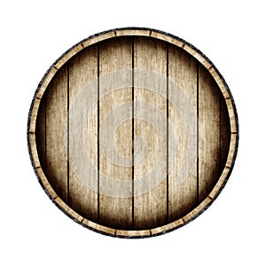 Wooden barrel isolated on white background, top view. 3d rendering.