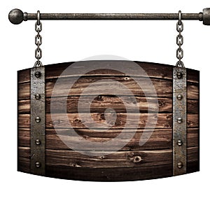 Wooden barrel medieval signboard hanging on chains isolated 3d illustration