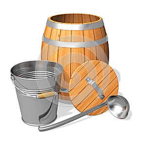 Wooden barrel and metal bucket