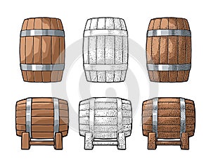 Wooden barrel with metal hoops engraving vector illustration