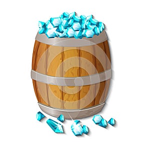 Wooden barrel with metal hoops full of blue gems and diamonds, treasure from pirate ship