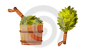 Wooden Barrel and Oak Broom for Sauna as Finland Symbol and Attribute Vector Set