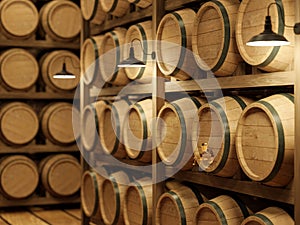 Wooden barrel rack for wine storage, focusing on the golden cork 3d render