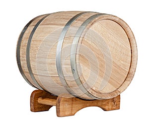 Wooden barrel rear side, on rack, isolated