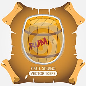 Wooden barrel of rum. Vector stickers on the pirate theme