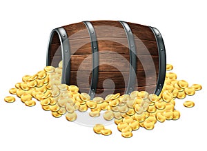 Wooden barrel and scattered coins on a white background. Realistic illustration