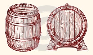 Wooden barrel, set. Oak cask sketch style. Hand drawn vintage vector illustration