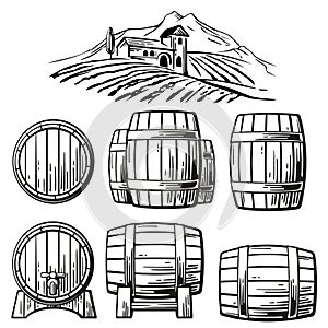 Wooden barrel set and rural landscape with villa, vineyard fields, hills, mountains. Black and white vintage vector illustration