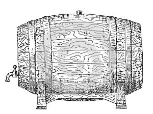 Wooden barrel side view. Vintage hatching monochrome black illustration