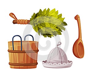 Wooden Barrel, Spoon and Oak Broom for Sauna as Finland Symbol and Attribute Vector Illustration