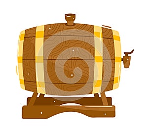 Wooden barrel on stand with spigot. Detailed cartoon oak cask for wine, beer storage. Alcohol brewing and storage vector