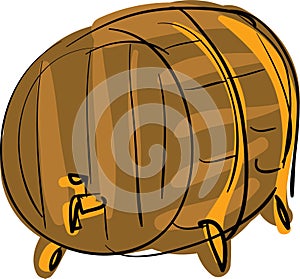 Wooden barrel with tap and hoops on stand. Container for beer or wine. Flat vector cartoon hand draw cartoon element