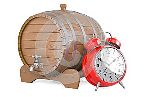 Wooden barrel with valve and stand with alarm clock, 3D rendering