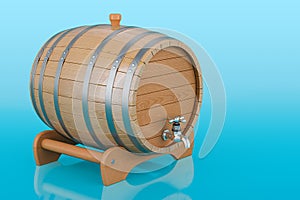 Wooden barrel with valve and stand on blue background, 3D rendering