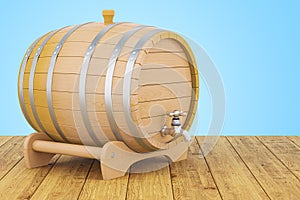 Wooden barrel with valve and stand on wooden desk, 3D rendering