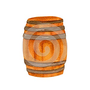 Wooden barrel watercolor for wine or other drinks, color drawing, realistic.
