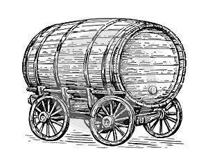 Wooden barrel with wine or beer. Winery or brewery concept. Hand drawn vector illustration in vintage engraving style
