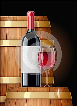 Wooden barrel with wine bottle and wineglass. Vessel for keeping. Vector illustration.