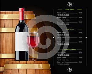 Wooden barrel with wine bottle and wineglass. Vessel for keeping. Vector illustration.