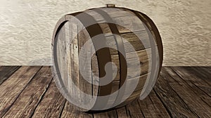 A wooden barrel on a wood floor with some kind of handle, AI