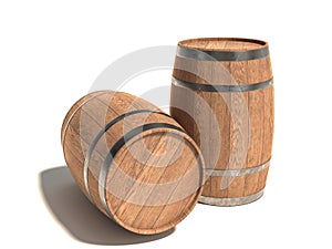 Wooden barrels for aging wine on a white background