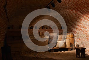 Wooden barrels at an basement