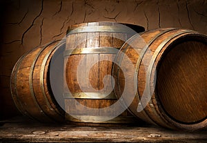 Wooden barrels in cellar