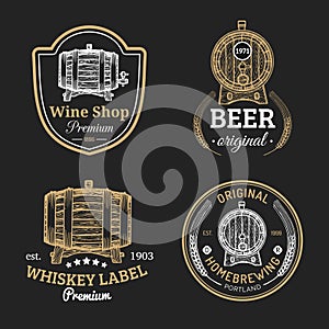 Wooden barrels collection for alcohol drinks icons or signs. Hand sketched kegs emblems.Whiskey,beer,wine logotypes set.